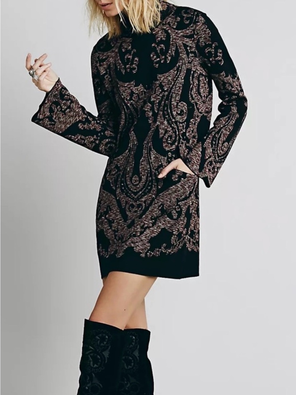 Free People Modern Love Mini Sweater Dress Mock Neck Paisley Print Small Pockets